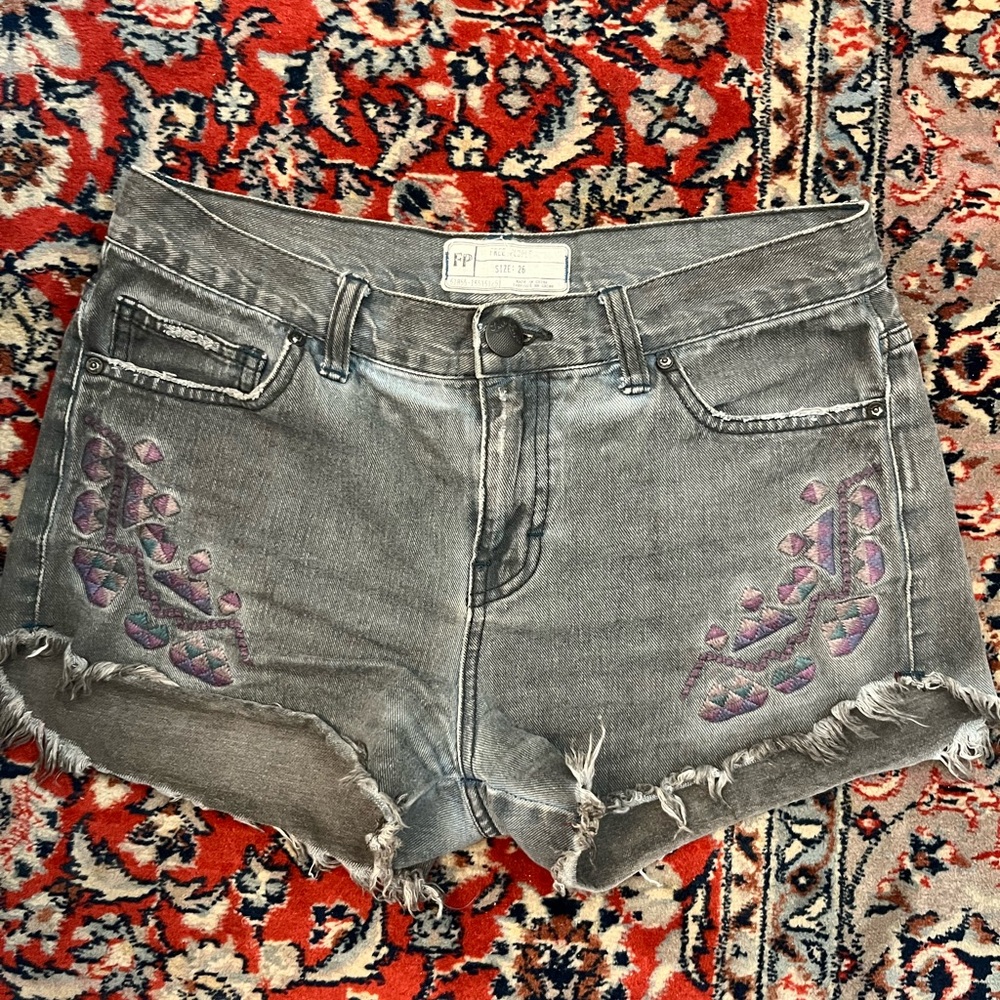 Free People Shorts | Denim Embroidered Shorts | Color: Gray/Purple | Size: 26 |